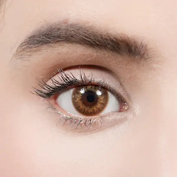 Close-up of a person's brown eye with detailed eyelashes and skin texture.